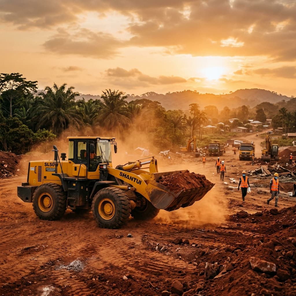 Chargeuse en action sur un chantier au Cameroun